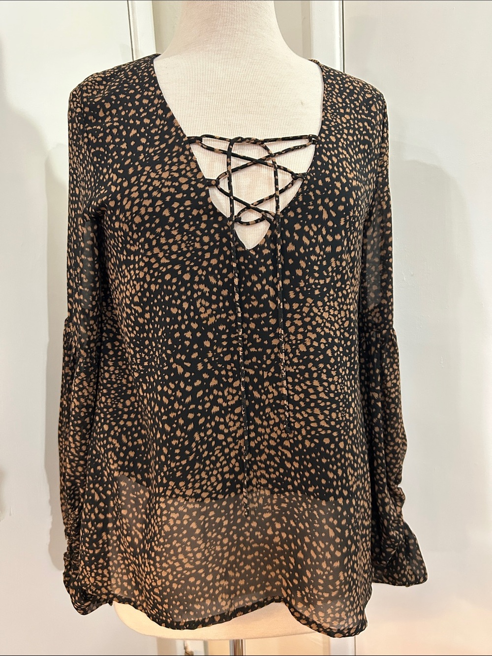 By Together Black & Tan Lace-Up V-Neck Printed Blouse